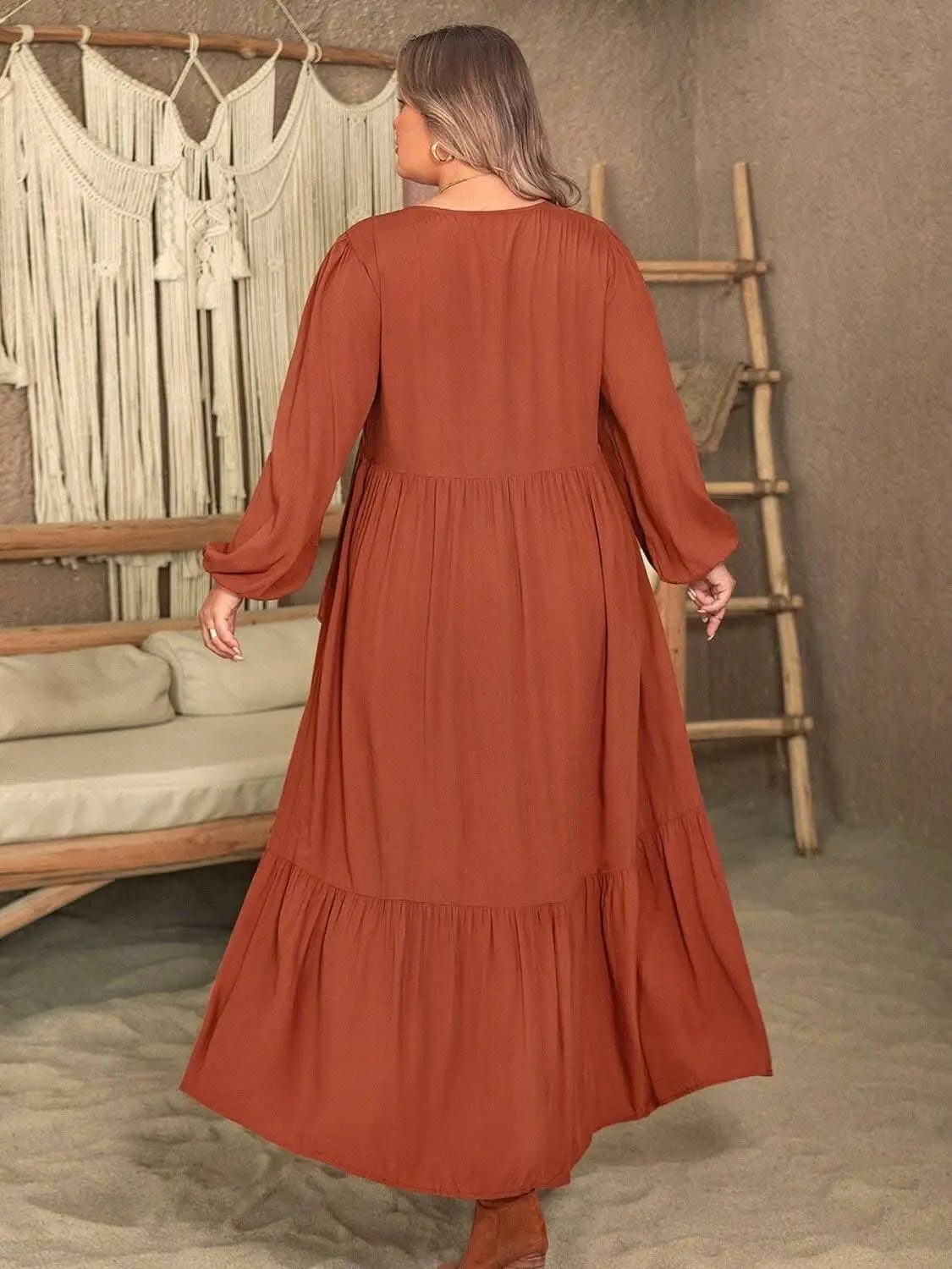 Curvy elegance: Ruffled V-neck balloon sleeve dress for every occasion - Love Salve